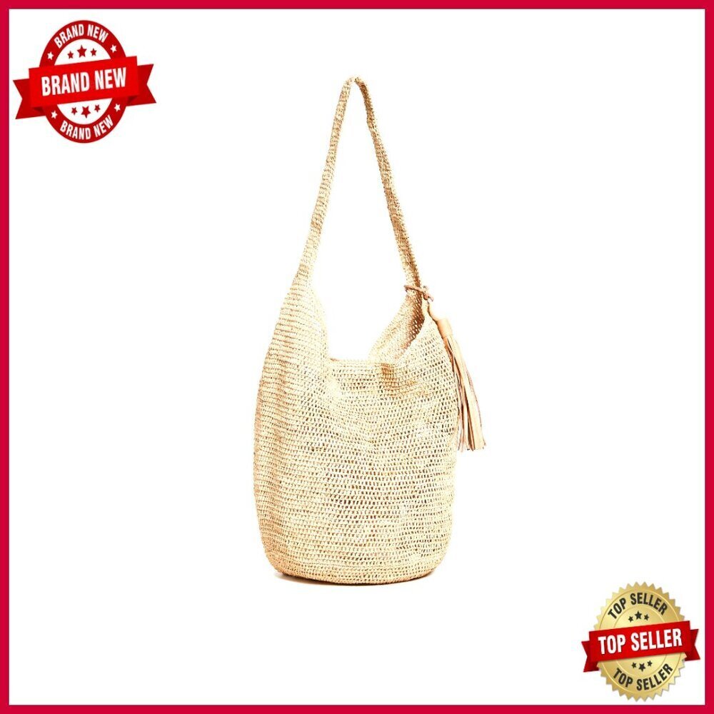 Straw Tote Bag with Leather Tassel, Shoulder Strap, Patch Pocket
